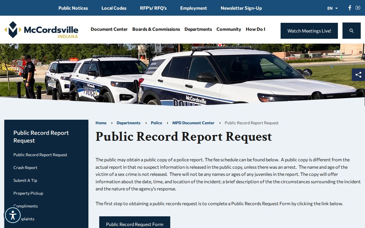 McCordsville police report request page for arrest records