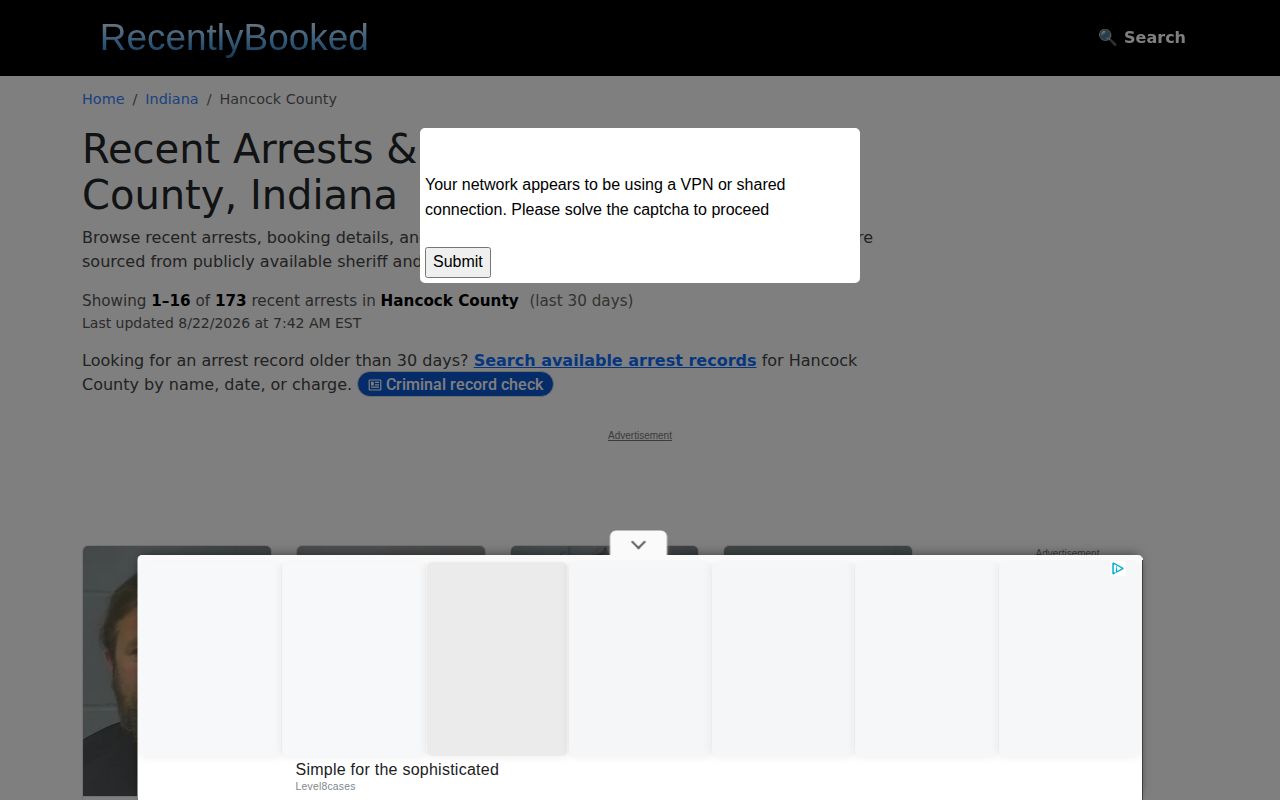 Unofficial Recently Booked Hancock County arrest landing page